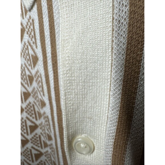 Express Men’s Knit Button Up Polo Shirt Retro Geometric Beige White M - Picture 3 of 4